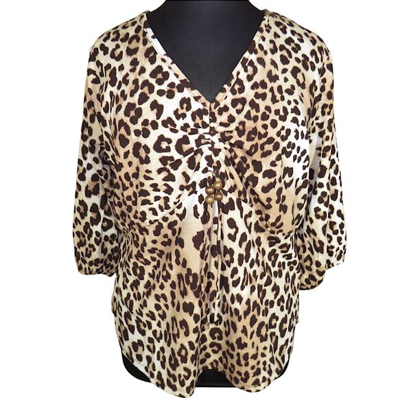 Goddess Leopard Print Textured Shirred V Neck Balloon Sleeve Top Plus Size 1X - Picture 1 of 8